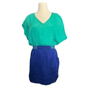 Ellison Colorblock Mini Dress M Retro 80s Style Green Blue Open Back Blouson